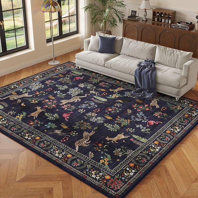 Rugcomf Living Room Rug 5x7 Rug Machine Washable Boho Area Rug Non Slip Floral Animal Vintage Low Pile Large Rugs for Living Room, Bedroom, Farmhouse, Dining Room, Kids Playroom (Blue)