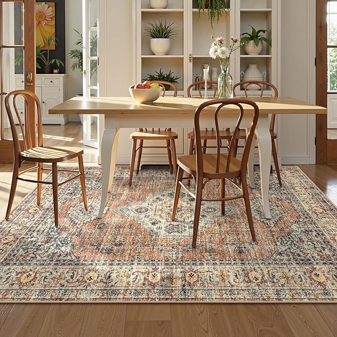 Lahome Oriental Washable Rugs 5x7, Soft 5x7 Rug for Bedroom Living Room, Ultra-Thin Non Slip Stain Resistant Vintage Throw Carpet for ?랣ining Room Office, Peach/Orange