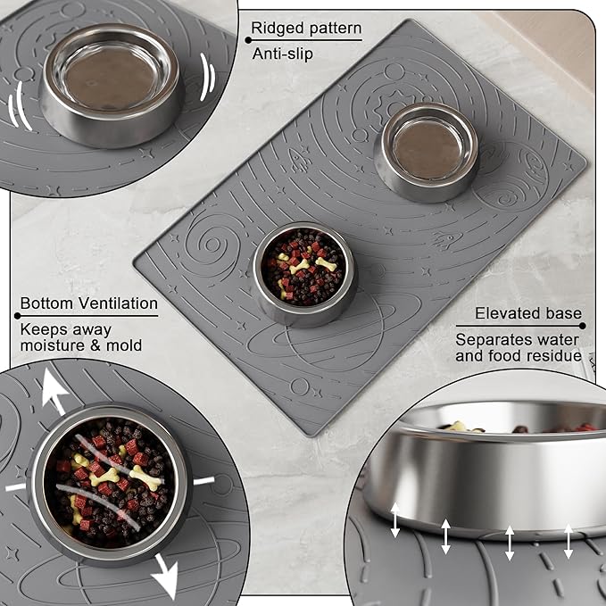 OHMO Dog Food Mat, Silicone Waterproof Cat Food Mat, Non-Skid Spill Proof Pet Feeding Mat for Food and Water, Easy to Clean Dog Placemat(Grey, 23.6" x 15.8")