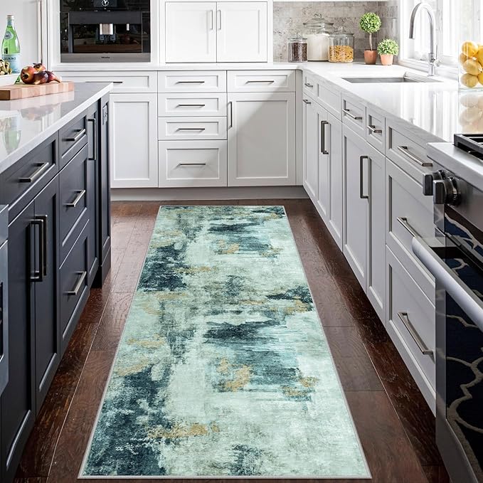 Runner Rug for Hallways Kitchen 2'6"x8' Washable Non Slip: Carpet Non Skid 8ft Entryway Rubber Backed 8 Feet Neutral Abstract Modern Rug Low Pile Pet Friendly Indoor Teal Grey Gold