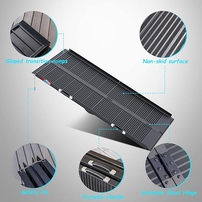 Black Portable Wheelchair Ramp, 6FT No-sew Non-Slip Aluminum Wheelchair Ramp, Folding Portable Wheelchair Ramps for Home, Weight Capacity Up to 800LBS, Loading Dock Plates