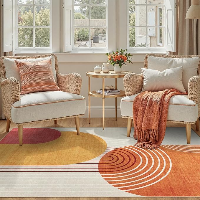 DCX Abstract Machine Washable 3x5 Rug, Mid Century Modern Rug for Living Room, Soft Low Pile Non Slip Carpet, Kid & Pet Friendly Stain Resistant Rug for Bedroom Dining Room Office, Orange & Yellow