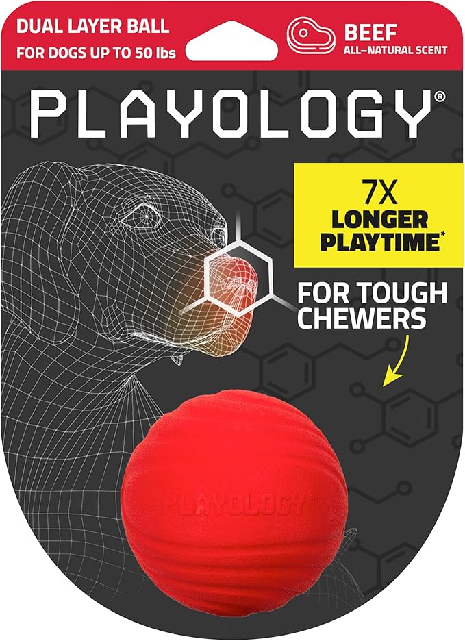 Playology Dog Toys | Dual Layer Ball Durable Chew Toy for Aggressive Chewers | Medium Beef Scented Toy - Easy to Clean and Made from Non Toxic Materials