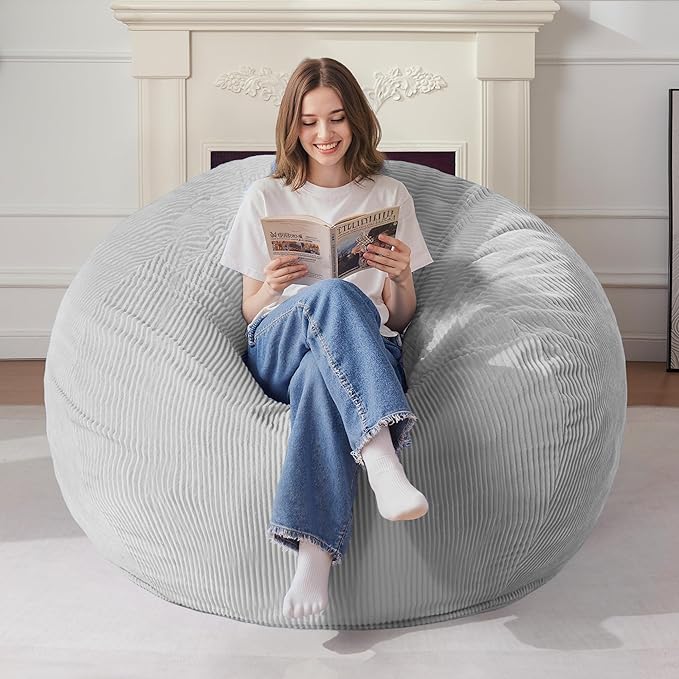 Homguava 5FT Bean Bag Chair for Adults,Teardrop Giant Bean Bags Big Beanbag Chair with Memory Foam Filled and Ultra Soft Removable Corduroy Cover for Living Room, Bedroom(Light Grey)
