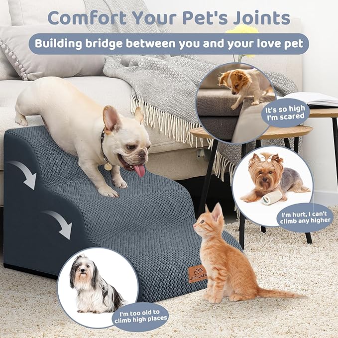 Dog Ramp and Stair for Bed 16" H-20 H,3-Step Cat Stair for Sofa and Chair,4-Step Dog Ramp for High Bed and Window,Durable Nonslip Fabric Cover for Indoor (Dark Grey-16 H, Pet Friendly, 3)