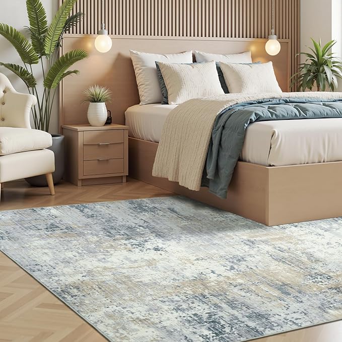 Washable Rugs 5x7 Area Rugs for Living Room, Blue Beige Modern Abstract Carpet for Bedroom, Non-Slip Soft Accent Rug for Kids Room Office Dining Room
