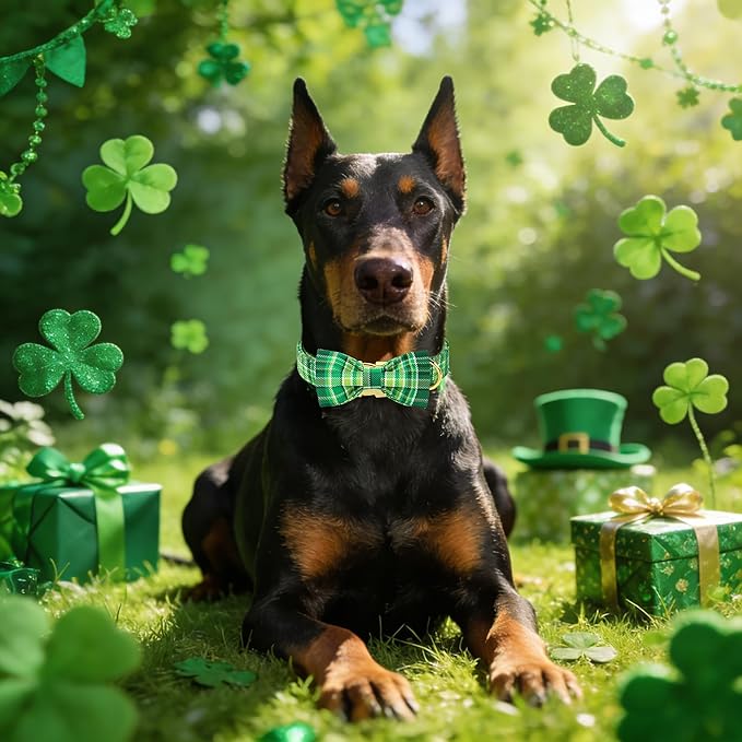 Maca Bates St. Patrick's Day Irish Plaid Dog Collar with Fancy Bow Tie,Shamrock Green Gingham Pattern for Large Girl Boy Dogs,Adjustable Durable Soft Collars Gift for Male Female Puppy