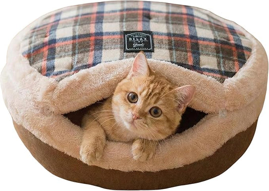 Cat Bed Cave– Enclosed Self Warming Hideaway with Detachable Lid & Mat, Covered House for Indoor Kitten & Kitty (Brown)
