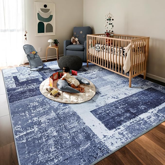 LOCHAS Rug for Living Room, Washable Soft Area Rugs for Bedroom 8x10, Abstract Carpet for Indoor Office Kids Dining Room Nursery Floor, Blue Geometric Vintage Home Decor, Non Slip, Pet Child Friendly