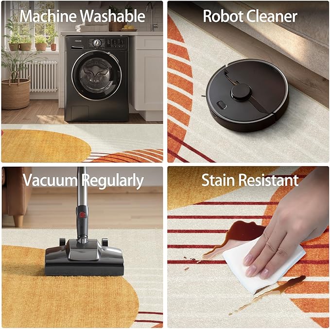 DCX Abstract Machine Washable 6x9 Rug, Mid Century Modern Rug for Living Room, Soft Low Pile Non Slip Carpet, Kid & Pet Friendly Stain Resistant Rug for Bedroom Dining Room Office, Orange & Yellow