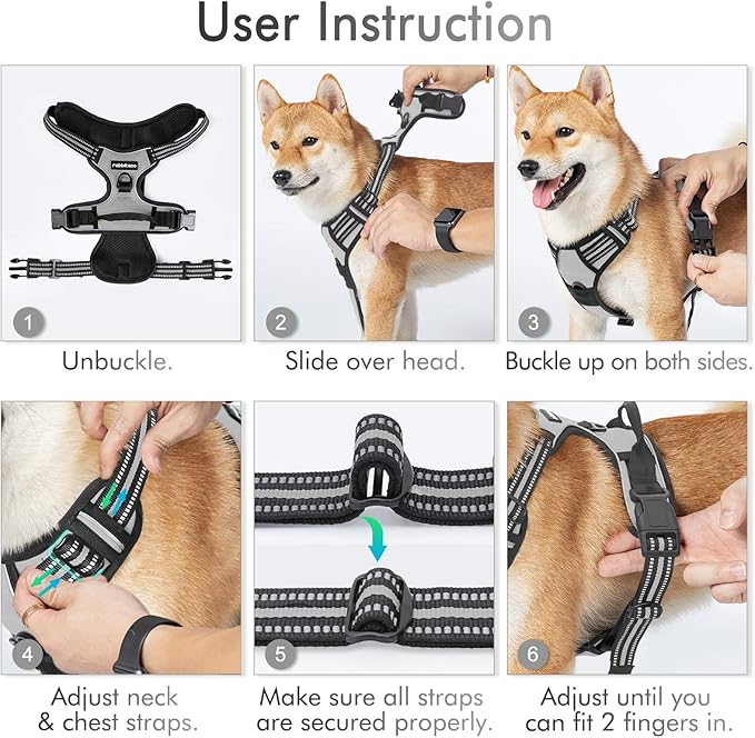 rabbitgoo Dog Harness No Pull with 2 Leash Clips, Adjustable Soft Padded, Reflective Oxford No Choke Pet Vest with Easy Control Handle for Large Dogs, Grey, XL