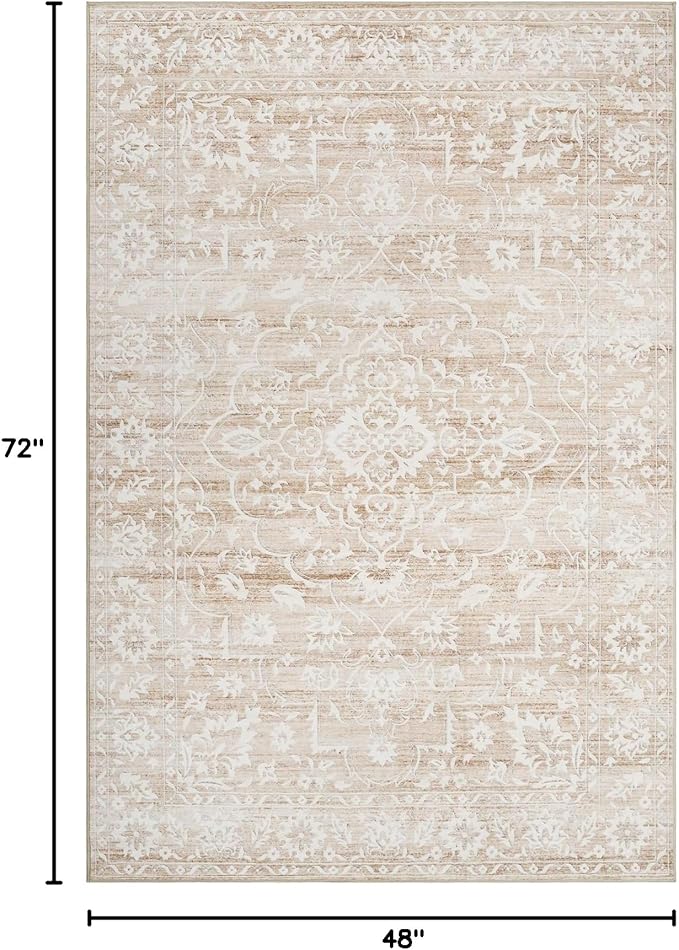 Area Rugs 4x6 for Living Room, Neutral Washable Rugs for Dining Room, Entryway, Kitchen, Floral Vintage Non-Slip Area Rug Farmhouse 4'x6' Beige