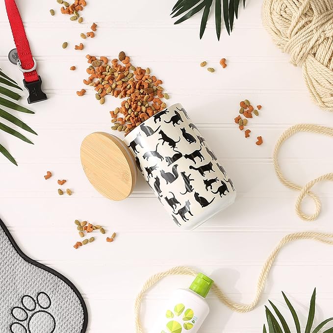 Bone Dry Ceramic Treat Jar for Cats and Dogs, Bamboo Lid, Dishwasher Safe Canister, 4x6.5, Black/White, Cat Treats (Pack of 6)