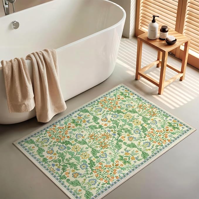 Floral Entryway Washable Rug: 2x3 Soft Low Pile Thin Indoor Front Door Mat, Non Slip Stain Resistant Vintage Flower Boho Accent Small Rugs for Bedroom, Kitchen, Bathroom, Nursery Entrance - Ivory