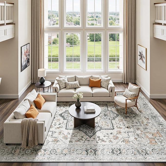 Lessymo 6x9 Area Rugs for Living Room, Washable Rug for Bedroom Dining Room, Soft Vintage Indoor Carpet Non Slip, Large Boho Rug Low Pile for Dorm Office Nursery Bedside Home Decor, Grey/Brown