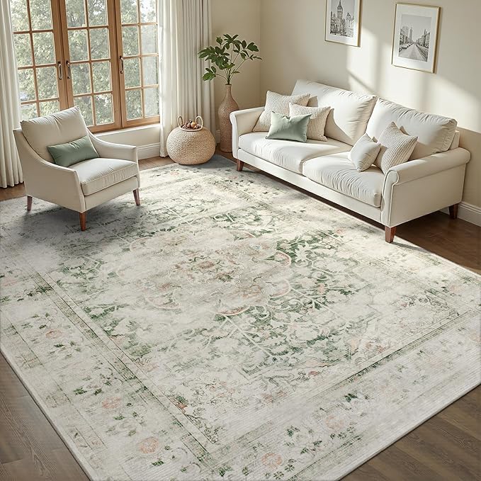DCX 9x12 Green Rug, Machine Washable Stain Resistant Distressed Vintage Rug, Kid & Pet Friendly with Rubber Back Non Slip Soft Low Pile Large Carpet for Living Room, Bedroom, Home Office
