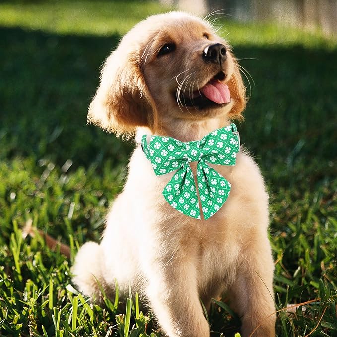 Maca Bates St. Patrick's Day Shamrock Dog Collar,Sailor Bow,Large Girl Boy Dogs, Checkered Lucky Clover Pattern,Adjustable Durable Soft Checkered Collars Irish Gift for Male Female Puppy
