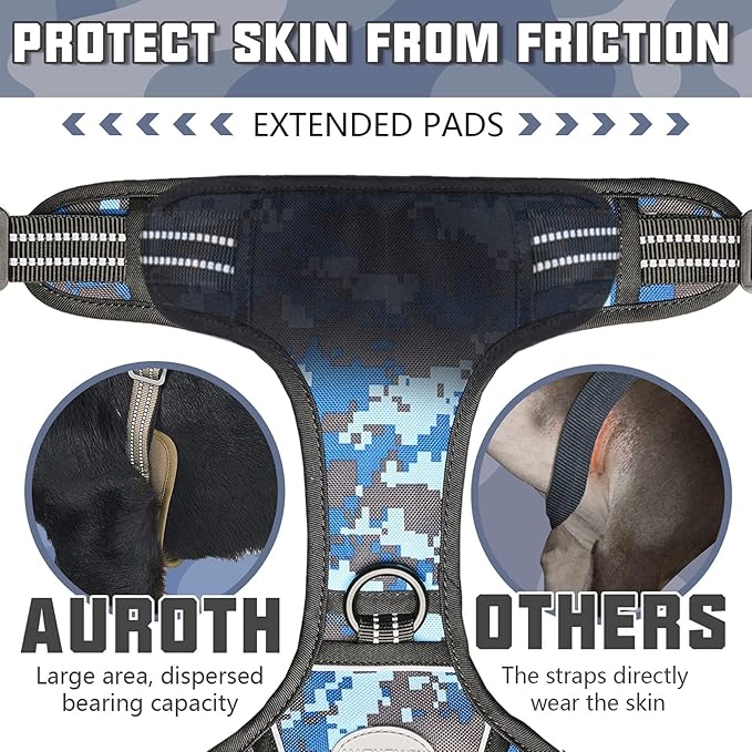 Auroth Tactical Dog Training Harness No Pulling Front Clip Leash Adhesion Reflective K9 Pet Working Vest Easy Control for Small Medium Large Dogs Blue Camo S