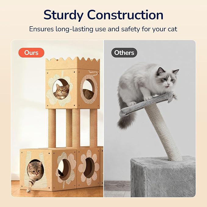 DIY Cardboard Cat House, Multi-Level Cat Tree Tower with Scratching Posts, Scratching Pad, Tunnel & Playhouse for Kittens & Adult Cats, Recyclable 48.8" × 25" × 40.16", Kraft Brown