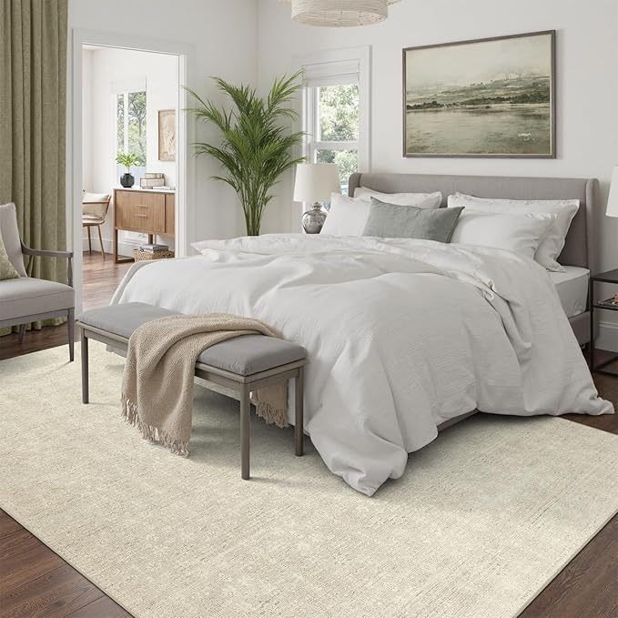 DCX 8x10 Beige Rug, Kid & Pet Friendly with Rubber Back Non Slip, Machine Washable Stain Resistant Neutral Floral Rug for Living Room, Bedroom, Home Office, Soft Low Pile Large Nursery Carpet