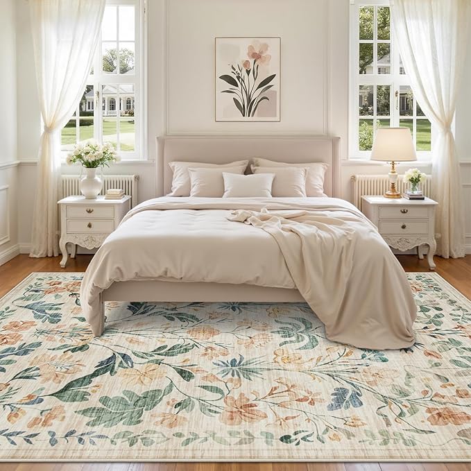 Area Rugs 9x12 Living Room: Lagre Boho Living Room Rug Soft Non-Slip Thin Carpet Indoor Floor Non-Shedding Neutral Floral Carpets for Bedroom Dining Room Farmhouse Nursery Beige
