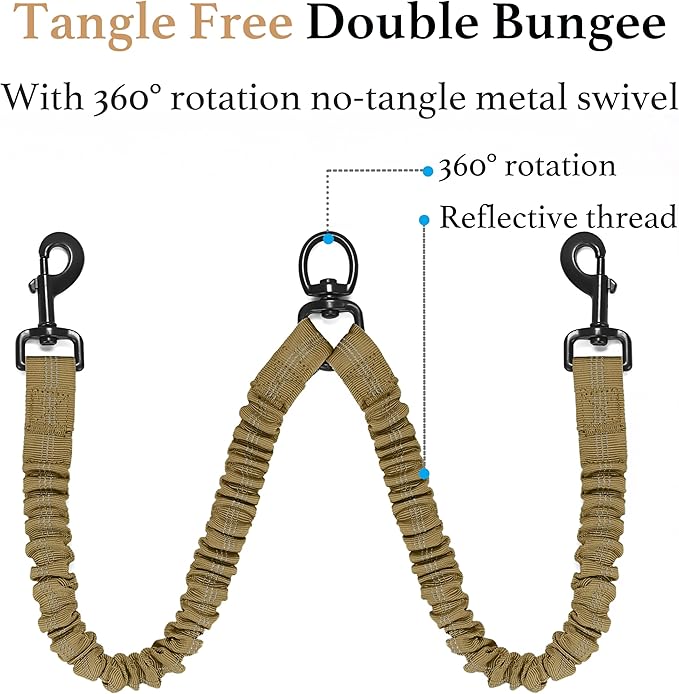 iYoShop Dual Dog Leash - 360° Swivel, No Tangle Walking Leash with Shock Absorbing Bungee for Two Dogs (Large, 25-150 lbs, Khaki)