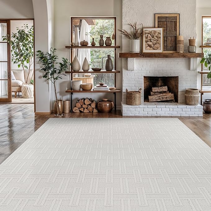 Micro Loop Indoor Rug White 8x10 Boho Geometric Neutral Area Rugs for Living Room Soft Luxury Modern Low and High Pile Durable Stain Resistant Non-Shedding Indoor Area Carpet 8 x 10