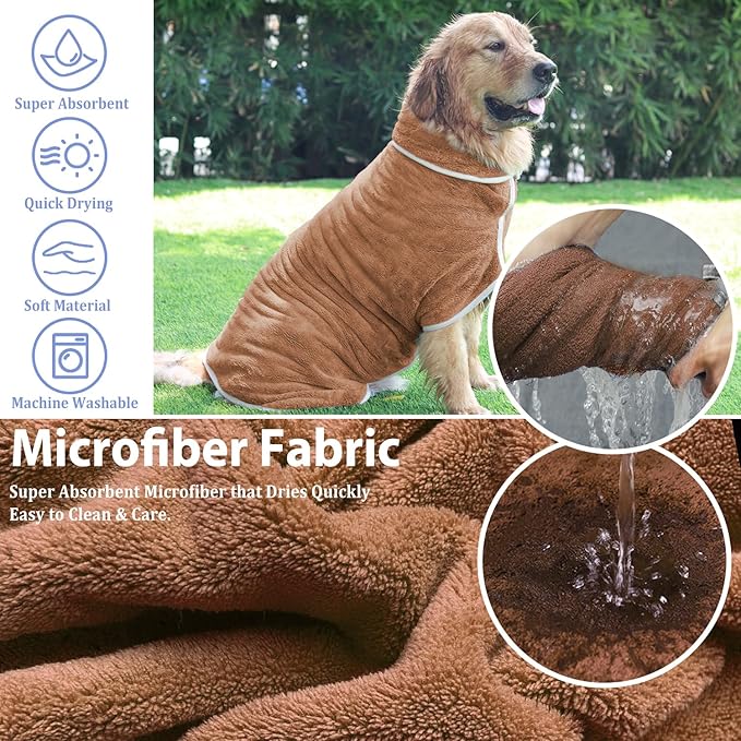 Dog Bathrobe Towel Dog Drying Coat - Super Absorbent Towels Bath Robe for Dogs Large, Soft Adjustable Collar & Belly Strap Fast Drying Coat Pet Cat Bath Robe (Brown, 3X-Large)