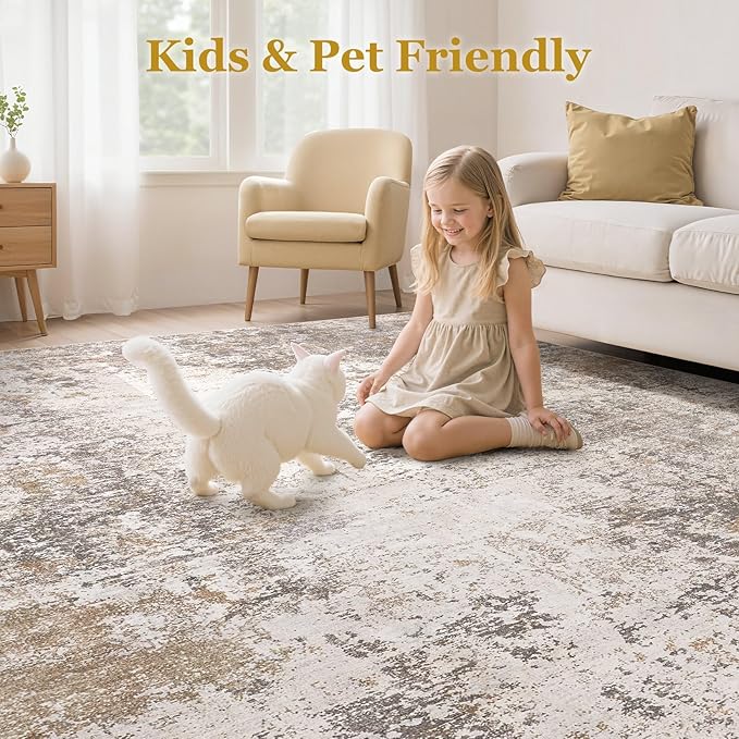 8x10 Area Rugs for Living Room：Washable Rug Abstract Modern Neutral Large Soft Stain Resistant Non-Slip Backing Machine Table for Bedroom Dining Room Indoor Home Office Carpet - Brown Grey