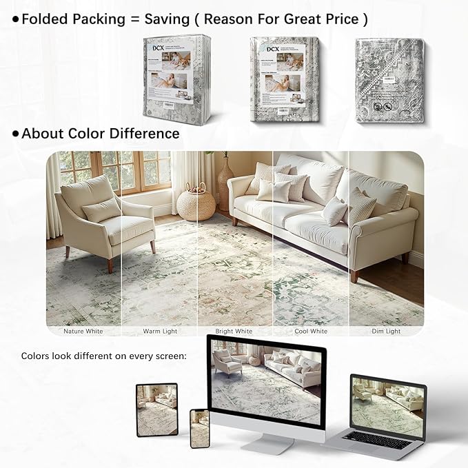 DCX 5x7 Green Rug, Machine Washable Stain Resistant Distressed Vintage Rug, Kid & Pet Friendly with Rubber Back Non Slip Soft Low Pile Large Carpet for Living Room, Bedroom, Home Office
