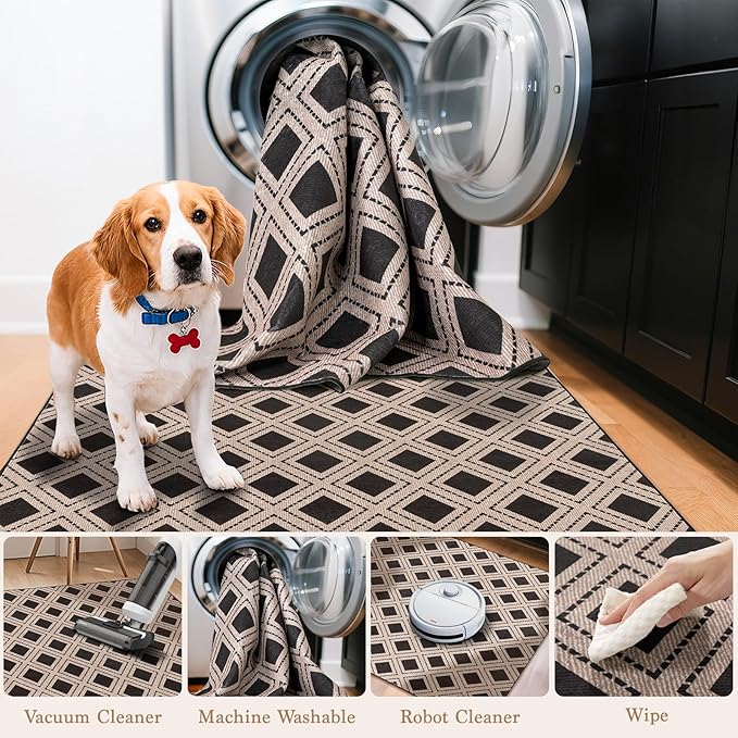 LBRO2M Checkered Rug 8X10 for Living Room Washable Rugs for Bedroom Office Non Slip Modern Area Rugs Easy Clean, Soft, Stain Resistant Carpet Low Piles Great for Pets and Family (8'X10' Black)