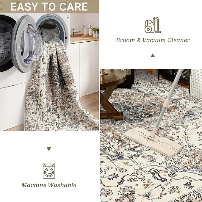 5x7 Area Rugs for Living Room, Stain Resistant Neutral Washable Rugs for Dining Room, Floral Vintage Non-Slip Thin Large Size Area Rug (Brown/Grey)
