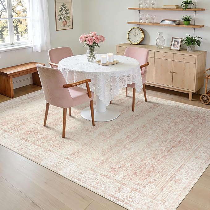 Light Pink Bedroom Rugs 6x9 Vintage Distressed Aesthetic Cute Boho Floral Feminine Low Pile Soft Carpet Machine Washable Stain Resistant Area Rugs for Kids Room Nursery Playroom Office 6 x 9
