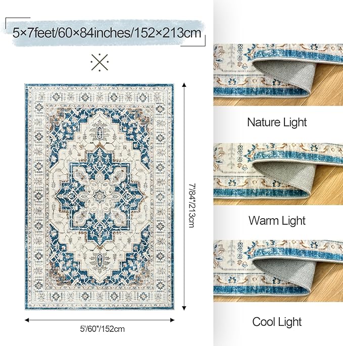 5x7 Area Rug for Living Rooms, Stain Resistant Neutral Washable Rugs for Dining Rooms, Floral Vintage Non-Slip Thin Large Size Area Rugs(Blue)