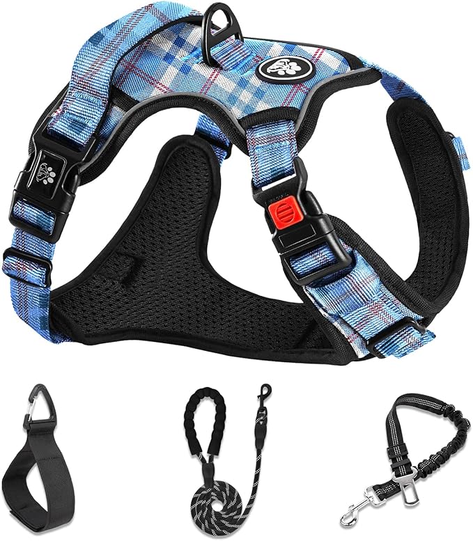 NESTROAD No Pull Dog Harness with Leash, Reflective No Choke Pet Vest Harness,Adjustable Soft Padded Dog Harness with Easy Control Handle for Medium Dogs(Checkered Blue,Medium)