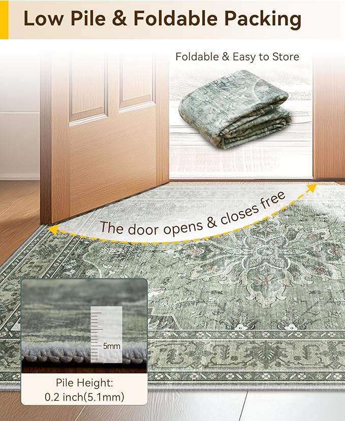 Area Rugs 3'x12' Runner Rug Non Slip Washable for Kitchen Hallway Bedroom Beside Laundry Room Bathroom Rug, Floor Carpet, Dark Green Gray