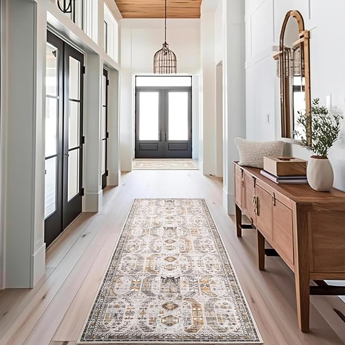 2.6'x8'Non Slip Runner Rugs - Runners for hallways, Kitchen,Entryway,Stain Resistant Washable Rugs for Bedroom, Indoor Vintage Area Rugs (Brown/Gold, 2.6'x8')