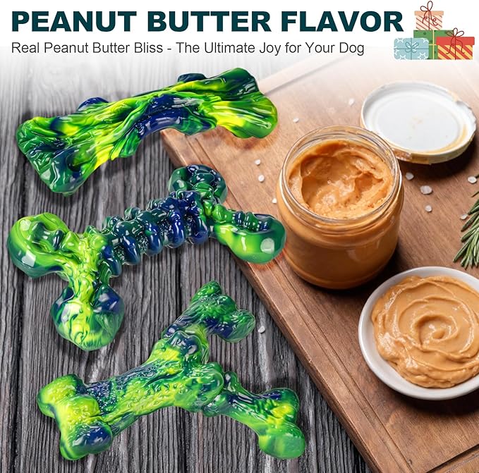 Indestructible Dog Chew Toys for Aggressive Chewers: 3-Pack Peanut Butter Flavored Tough Nylon Chew Bones for Medium Large Dogs 25–80 lbs, Long-Lasting St. Patrick's Day Dog Gift (Lucky Green)
