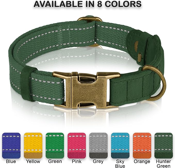 Reflective Leather Dog Collar with AirTag Holder - Soft Apple Airtag Dog Collar with Metal Buckle - Safety Cotton Pet Collars for Dogs Small Large Dogs Puppy (Hunter Green, M, 14"-18")