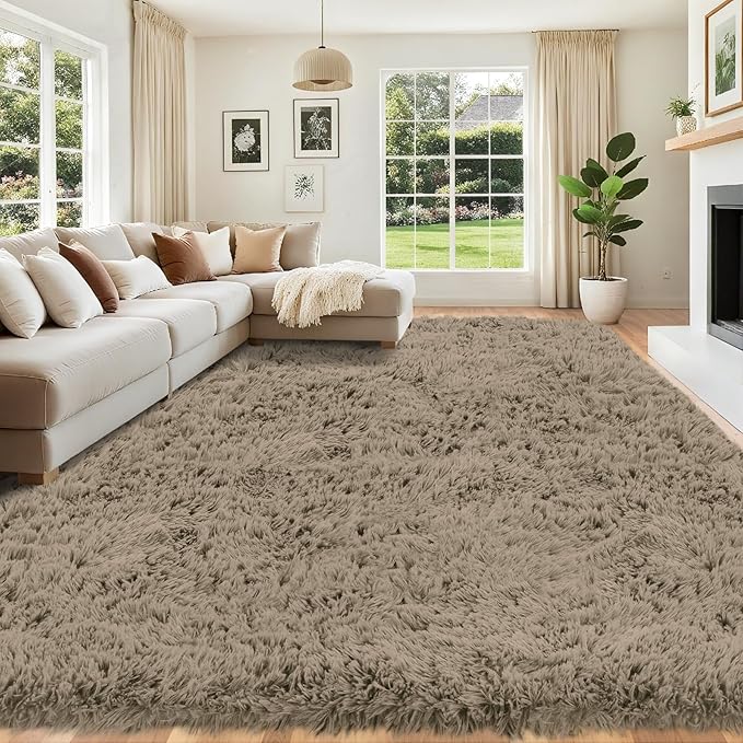 8x10 Area Rug for Living Room: Ultra Soft Fluffy Rug Modern Large Thicked Shag Rug for Bedroom Non Slip Indoor Fuzzy Carpets for Girls Kids Room Nursery Dorm Home Decor Gray Camel
