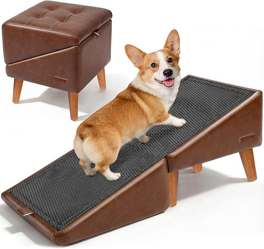 Dog Stairs for Small Dogs 16" H - Upgraded Non-Slip Dog Ramp for Bed and Couch, Foldable 2-in-1 Pet Ramp and Ottoman, Pet Stairs for Puppy, Pet Steps with Solid Wood Frame (Brown)
