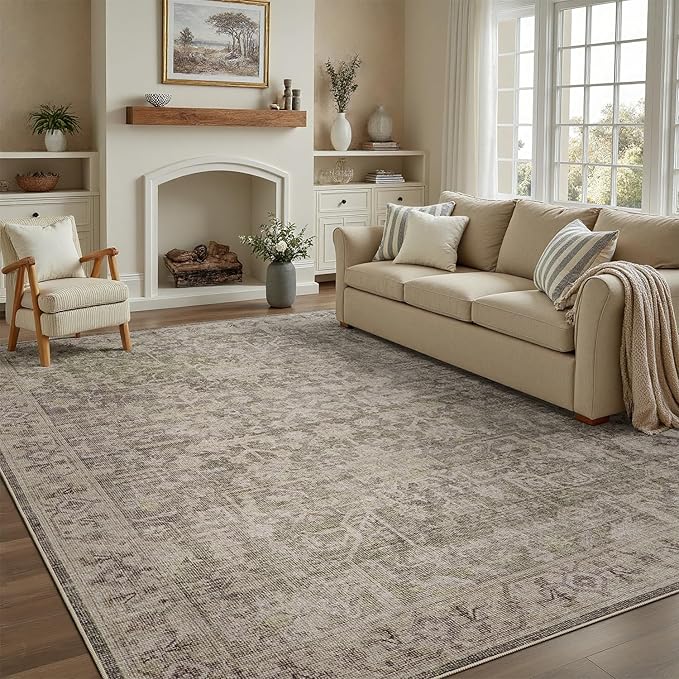 DCX Washable 6x9, Kid & Pet Friendly with Rubber Back Non Slip, Stain Resistant Vintage Rug for Living Room, Bedroom, Home Office, Soft Low Pile Large Farmhouse Distressed Carpet, Greige