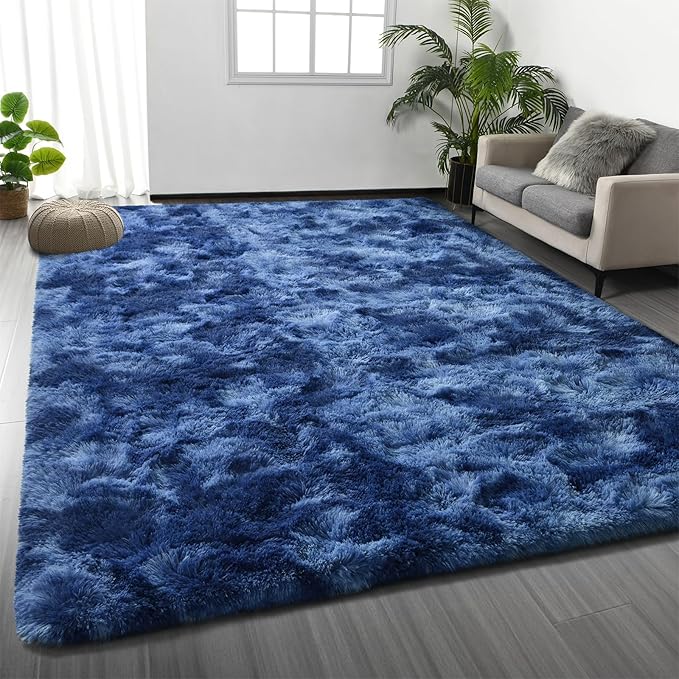 Large Shag Area Rugs 6 x 9, Plush Fuzzy Rugs for Living Room, Ultra Soft Fluffy Furry Rug for Bedroom, Indoor Carpet Nursery Rugs for Kids Room Home Decor, Tie-Dyed Navy Blue