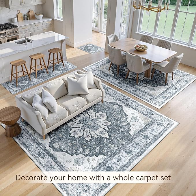 Area Rugs 6'x9' Washable Non-Slip, Floral Vintage Distress Print Pattern Medallion Carpet for Living Room Bedroom Dining Room, Light Gray Grey White