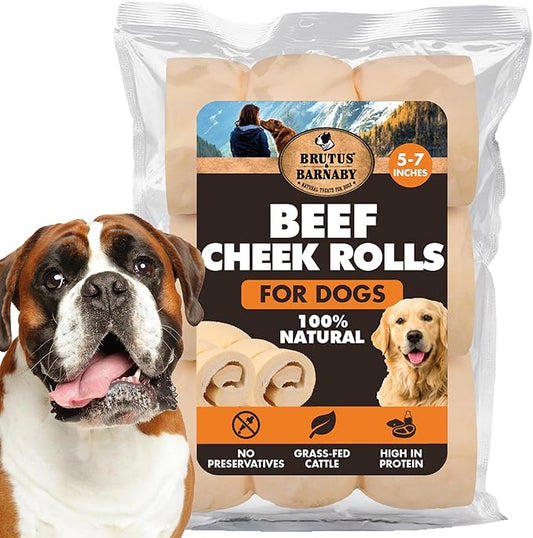 Premium Beef Cheek Rolls for Dogs 5-7" - (10-Pack) Long Lasting, Safe & Natural Rawhide Alternative Chews, Ideal for Large Dogs & Aggressive Chewers, Supports Dental Health & Digestion
