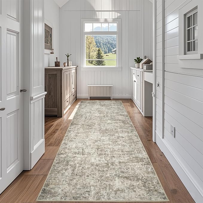 Runner Rug for Hallways Kitchen 2'6"x8' Washable Non Slip: Carpet Non Skid 8ft Entryway Rubber Backed 8 Feet Neutral Abstract Modern Rug Low Pile Pet Friendly Indoor Beige Brown