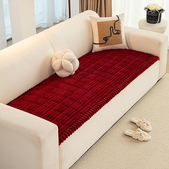 Christmas Faux Fur Plush Dog Couch Cover, 3D Stripe Fuzzy Sofa Covers, Non-Slip Fluffy Dog Bed Cover Pet Blanket, Washable Furniture Protector for Puppy Cat (Red,35"x35")