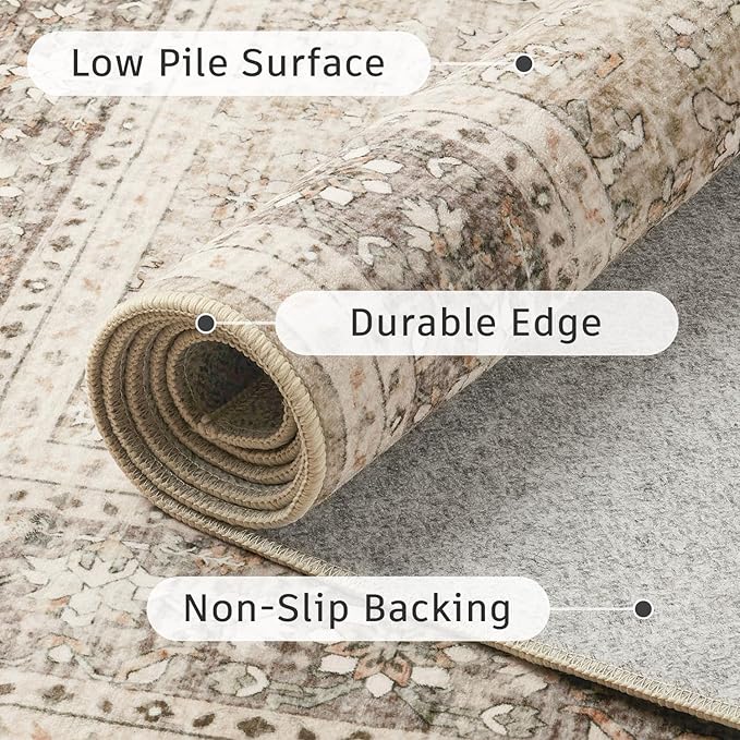 DCX Beige and Taupe 5x7 Rug, Kid & Pet Friendly with Rubber Back Non Slip, Machine Washable Stain Resistant Vintage Traditional Distressed Carpet, Rug for Living Room, Bedroom, Neutral Home Decor