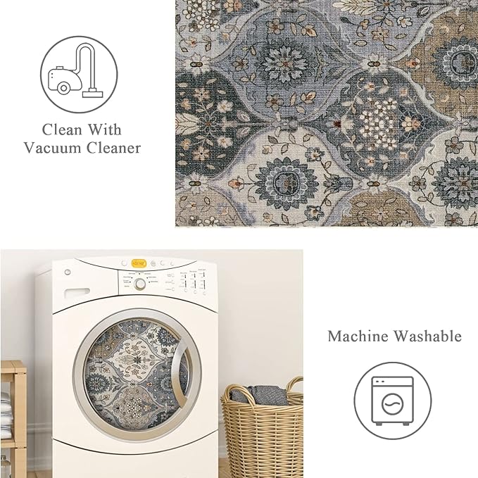 Lahome Moroccan Trellis Washable Area Rug, 5x7 Rugs for Living Room Indoor Non-Slip, Large Oriental Accent Throw Carpet for Bedroom Entryway Bathroom Office, Grey