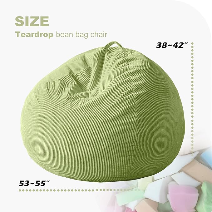 Homguava 5FT Bean Bag Chair for Adults,Teardrop Giant Bean Bags Big Beanbag Chair with Memory Foam Filled and Ultra Soft Removable Corduroy Cover for Living Room, Bedroom(Green)